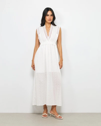 AERE - Iris V Neck Broderie Midi Dress