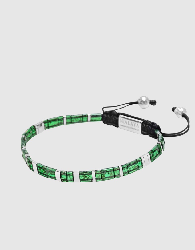 Nialaya Jewellery - Men's Bracelet with Marbled Green and Silver Miyuki Tila Beads