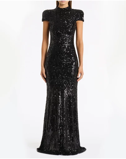 Carla Zampatti - Black Cascade Sequin Raglan Sleeve Gown