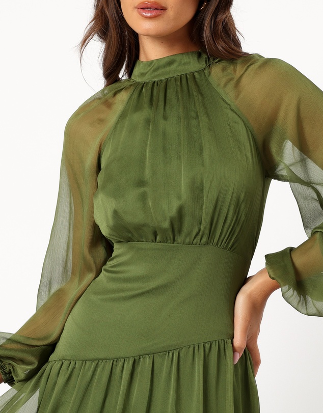 Petal & Pup - Julip Sheer Long Sleeve Maxi Dress - Olive