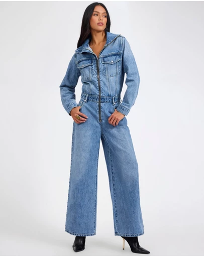 ONE TEASPOON - Charli Wide Leg Aviator Denim Jumpsuit - Pretty Blue