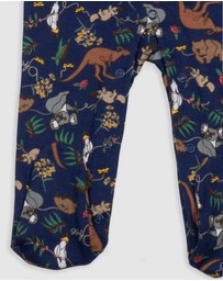B Free Intimate Apparel - Baby Snap Button Sleepsuit with Booties - 100% Organic Cotton - Navy Native Aussie Animals