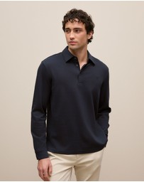 Trenery - Micro Pique Monogram Long Sleeve Polo in Navy