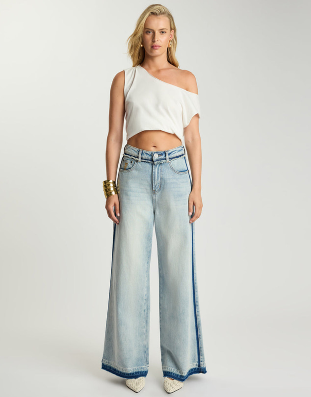 ONE TEASPOON - Love Machines Mid Waist Super Wide Leg Denim Jeans - Split Party Contrast Blue