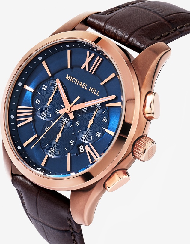 Michael Hill - Men's Chronograph Watch in Rose Tone Stainless Steel and Brown Leather