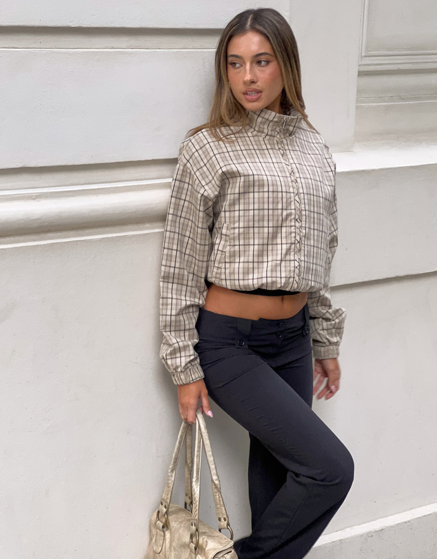 Beginning Boutique - Lee Beige Plaid Funnel Neck Jacket