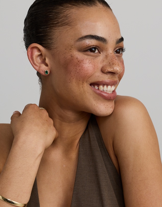 Michael Hill - Emerald Cut Green Created Emerald Gemstone and Diamond Halo Earrings in 10kt Yellow Gold