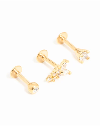 Lovisa - Gold Plated Surgical Steel Cubic Zirconia Butterfly Flat Back Studs 3-Pack