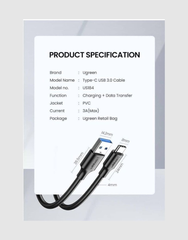 Ugreen - UGreen USB 3.0 to USB-C 2M Black Cable