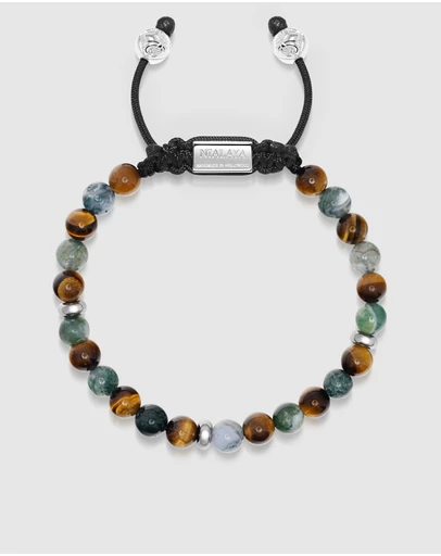 Nialaya Jewellery - Men's Beaded Bracelet with Aquatic Agate, Brown Tiger Eye and Silver