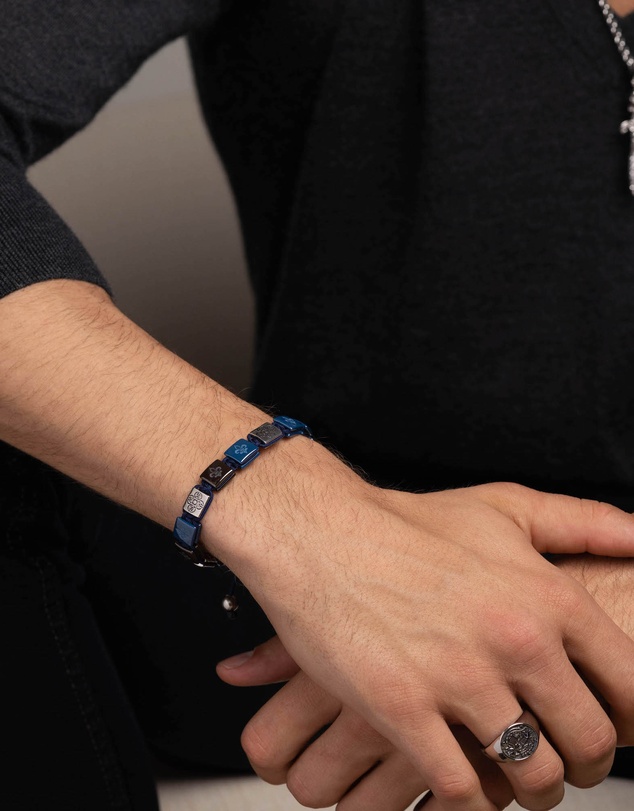 Nialaya Jewellery - Men's Ceramic Flatbead Bracelet in Blue and Silver