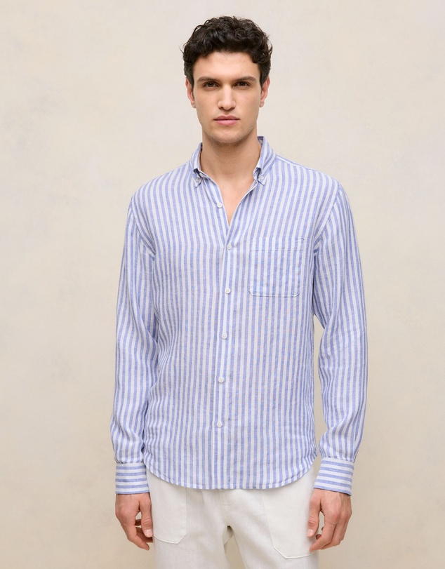 Trenery - Regular Fit Linen Bengal Stripe Shirt in Vivid Blue