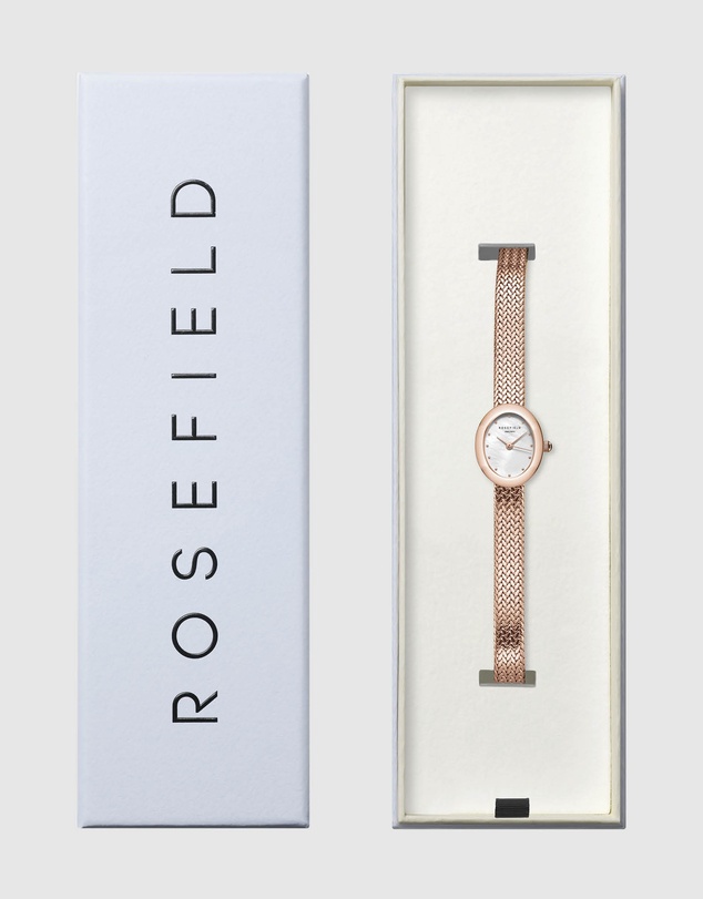 Rosefield - Mini Oval White Rose Gold-Tone Woven Mesh Bracelet Watch