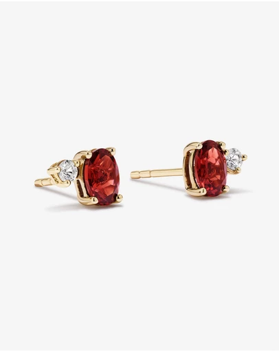 Michael Hill - Round White Sapphire and Oval-Cut Garnet Toi Et Moi Stud Earrings in 10kt Yellow Gold