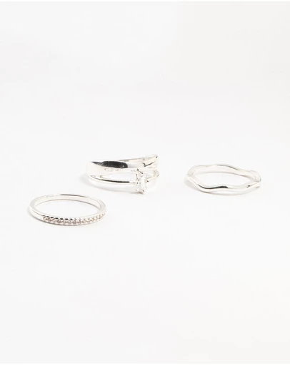 Lovisa - Silver Plated Diamante Baguette Wave Rings 3-Pack