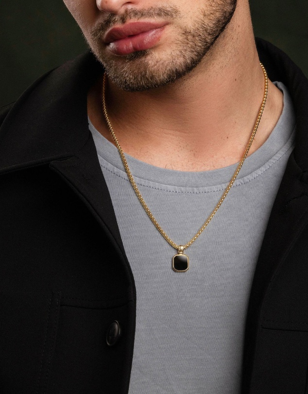 Nialaya Jewellery - Men's Gold Necklace with Square Matte Onyx Pendant