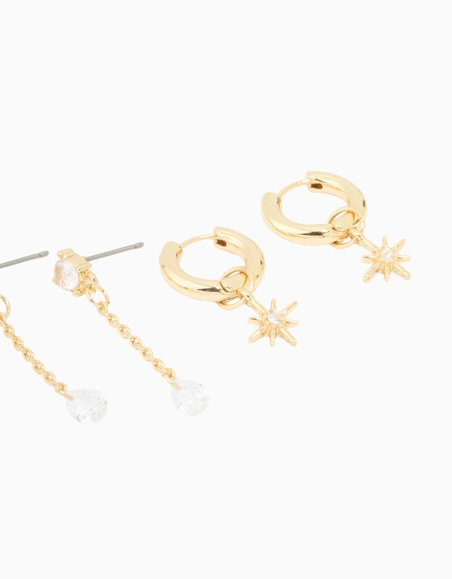 Lovisa - Gold Plated Cubic Zirconia Celestial Hoop & Chain Drop Earrings 4-Pack