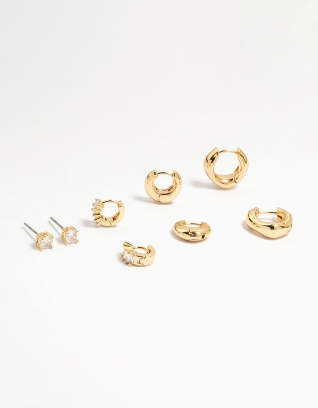 Lovisa - Gold Plated Brass Cubic Zirconia Baguette Earrings 4-Pack