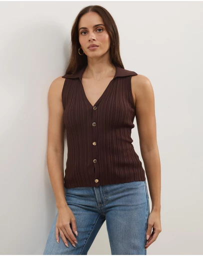 Atmos&Here - Sleeveless Rib Knit Top With Collar