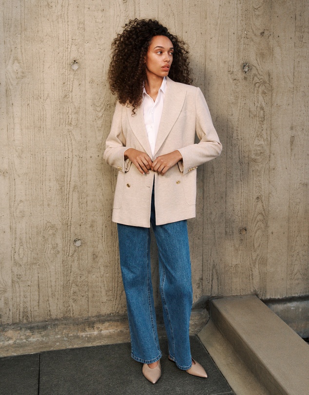 Trenery - Pique Blend Double Breasted Blazer in Stone
