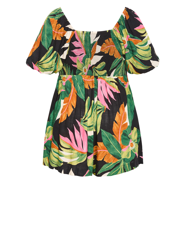 City Chic - Plus size Paradiso Print Cotton Playsuit - black