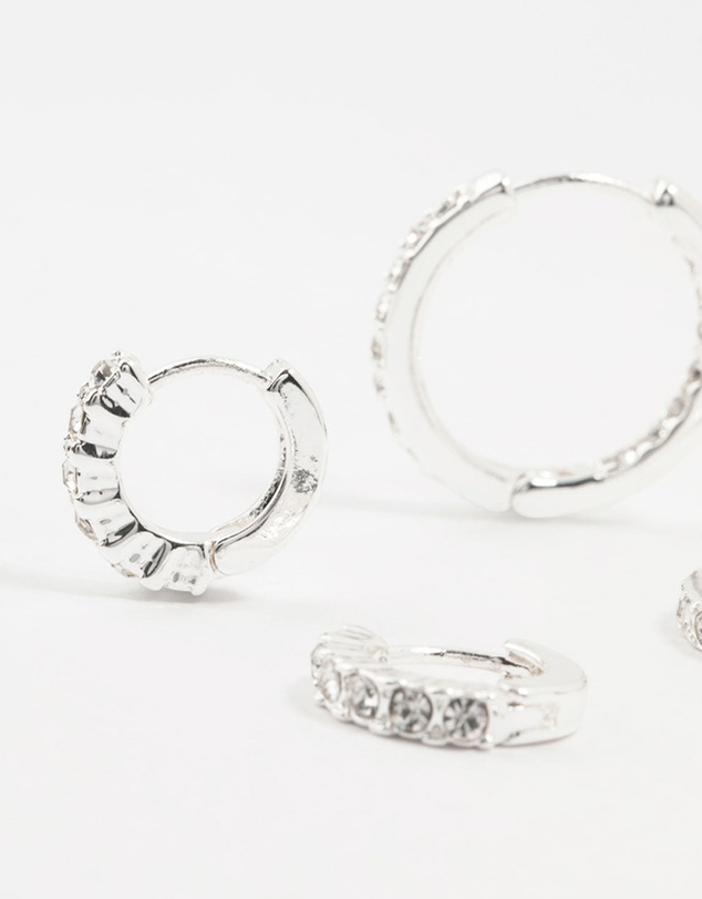 Lovisa - Silver Plated Diamante Huggie Earrings 3-Pack