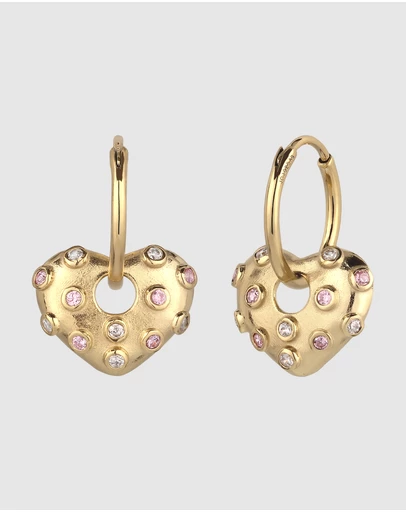 Elli Jewelry - Crystal Heart Charm Hoop Earrings in Gold-Plated 925 Silver