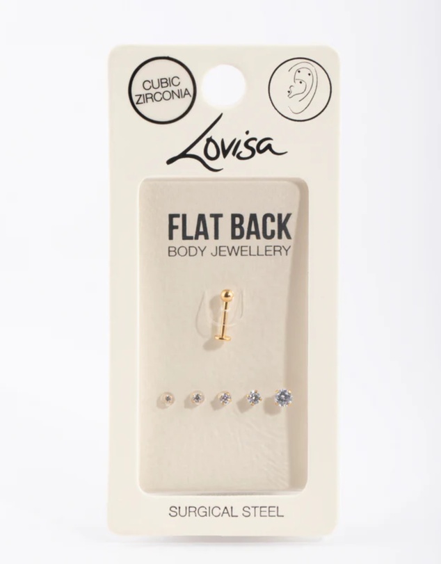 Lovisa - Gold Surgical Steel Single Flat Back Bar & Graduated Stone Interchangeable Ends 6-Pack