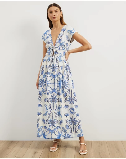 Atmos&Here - Anna Tie Front Linen Blend Maxi Dress