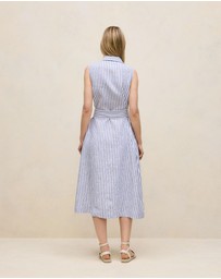Trenery - Yarn Dyed Linen Stripe Sleeveless Shirt Dress in Vivid Blue