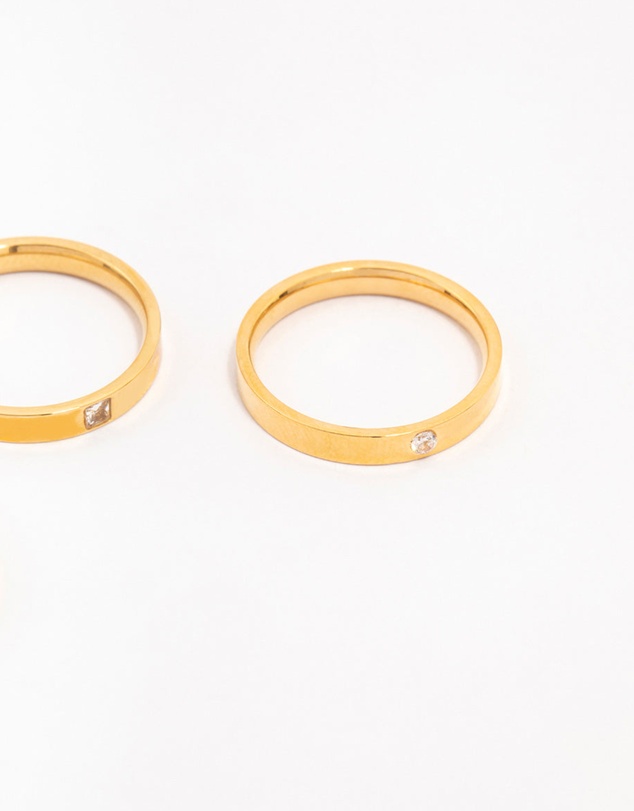 Lovisa - Waterproof Gold Plated Stainless Steel Cubic Zirconia Stacking Rings 3-Pack