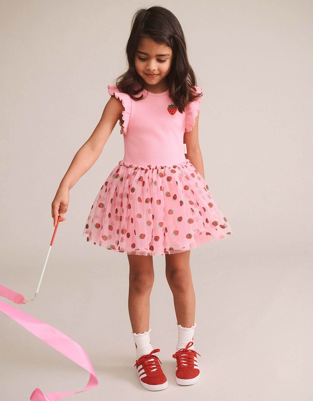 Huxbaby - Strawberry Embroidered Short Sleeve Tulle Dress - Babies-Teens