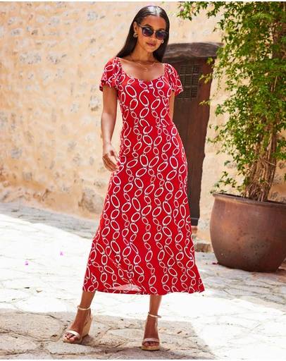 Sosandar - Chain Print Angel Sleeve Fit & Flare Midi Jersey Dress