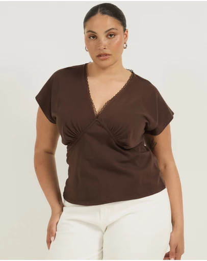 Atmos&Here Curvy - Rachel V-Neck Lace Trim T-Shirt