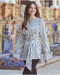 Sosandar - Ivory & Black Satin Stripe Keyhole Detail Tie Side Top