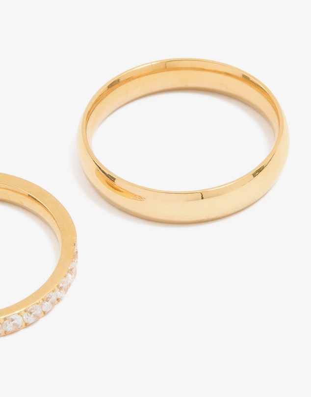 Lovisa - Waterproof Gold Plated Stainless Steel Diamante & Smooth Rings 2- Pack