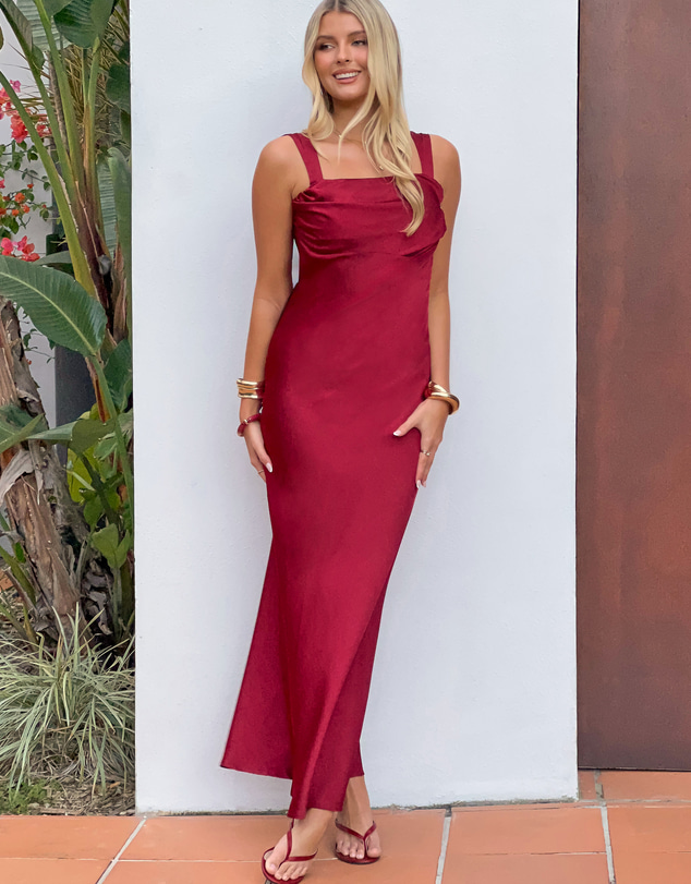 Beginning Boutique - Laria Wine Satin Formal Maxi Dress