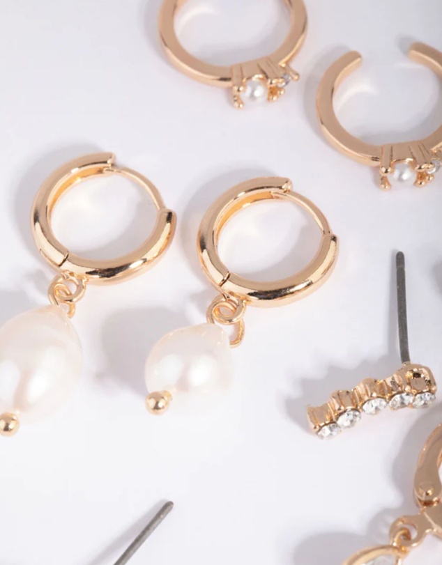 Lovisa - Gold Diamante & Freshwater Pearl Huggie Hoop Earring Stack Pack