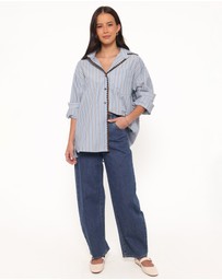 Petal & Pup - Mila Button Up Shirt - Blue/Brown Stripe