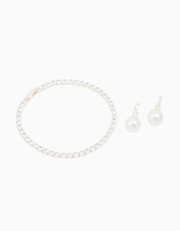Lovisa - Silver Plated Cubic Zirconia Pearl Earrings & Tennis Bracelet Set