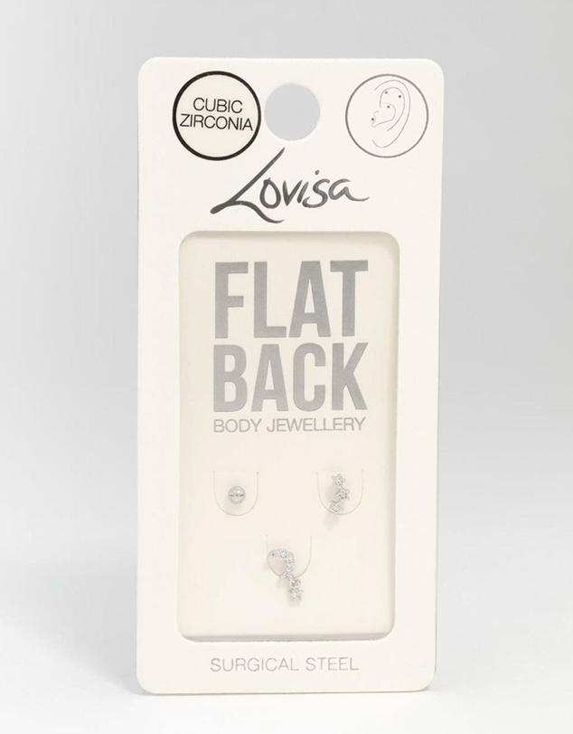 Lovisa - Surgical Steel Cubic Zirconia Star & Moon Flat Back 3-Pack