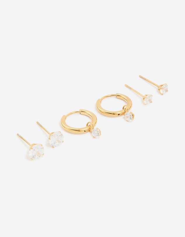 Lovisa - Waterproof Gold Plated Stainless Steel Cubic Zirconia Huggie & Stud Earrings 3-Pack