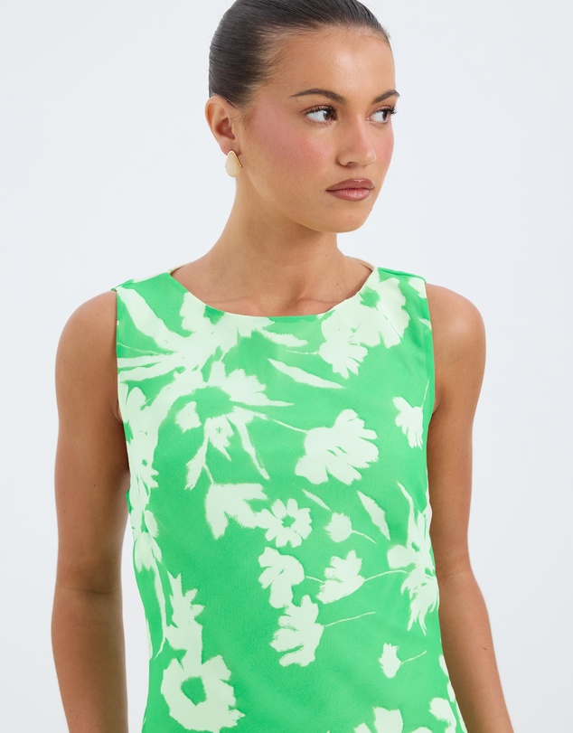 Calli - Aurora Verde Floral Print Bias Boat Neck Midi Dress