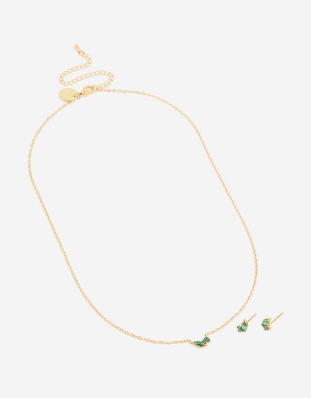 Lovisa - Waterproof Gold Plated Stainless Steel May Green Cubic Zirconia Birthstone Necklace & Earrings Set