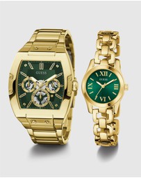 GUESS - Guess Gents and Ladies Set - Phoenix Gold Tone & Green & Veda Ladies Gold Tone Analogue