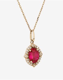 Michael Hill - Oval Cut Created Ruby and Diamond Halo Pendant Necklace in 10kt Yellow Gold