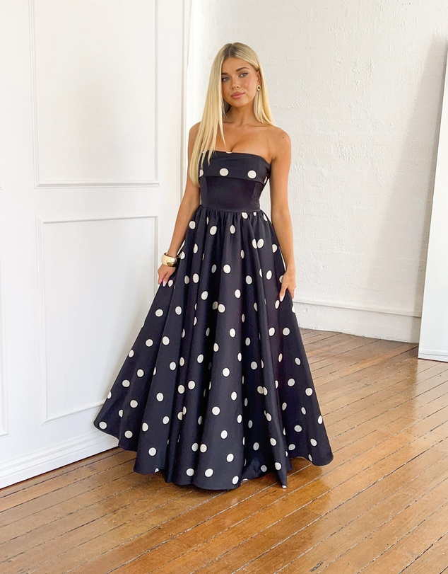 Beginning Boutique - Julianne Strapless Polka Dot Satin Maxi Dress