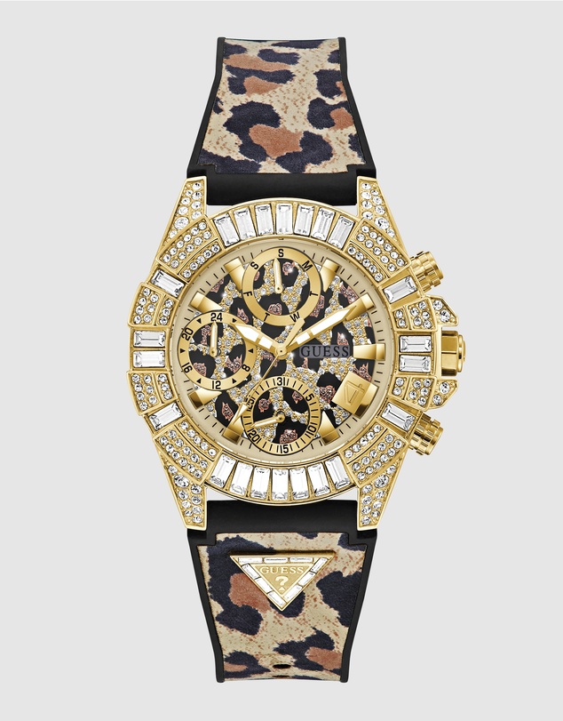 GUESS - ICONIC 40TH Animal 39mm Gold-Tone Case Black Silicone Strap