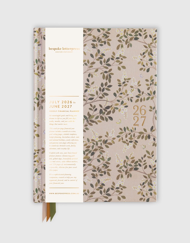 Bespoke Letterpress - 2026–2027 Weekly Financial Year Planner – White Blossoms