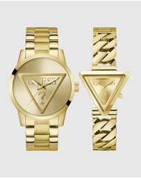 GUESS - Guess Gents and Ladies Set - Badge Gold-Tone Analogue & Fame Ladies Gold Tone Analogue